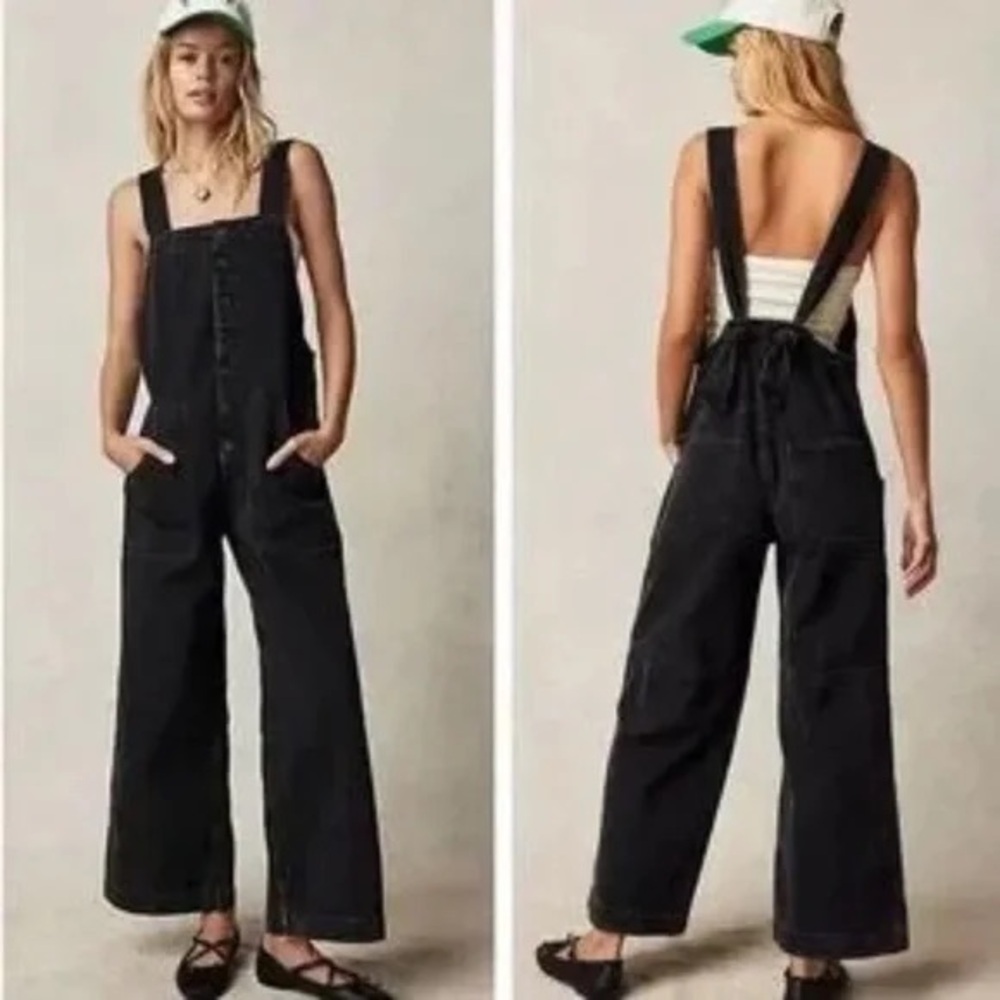 Free People Fields of Flowers Black Button-Front Denim Overalls